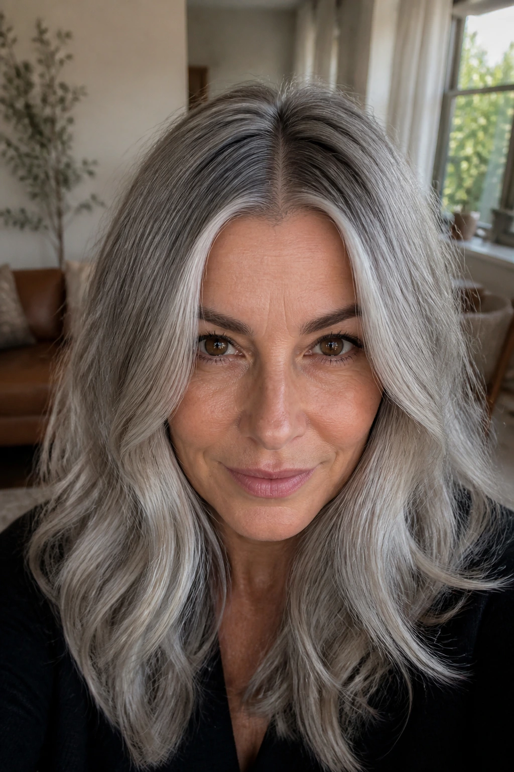 Close-up of a real person with silver root smudge visible on roots blending to silver.