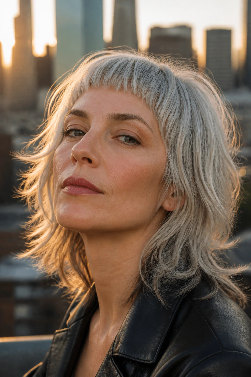 Close-up of a real person with a silver shag and micro-bangs in golden hour rooftop light.