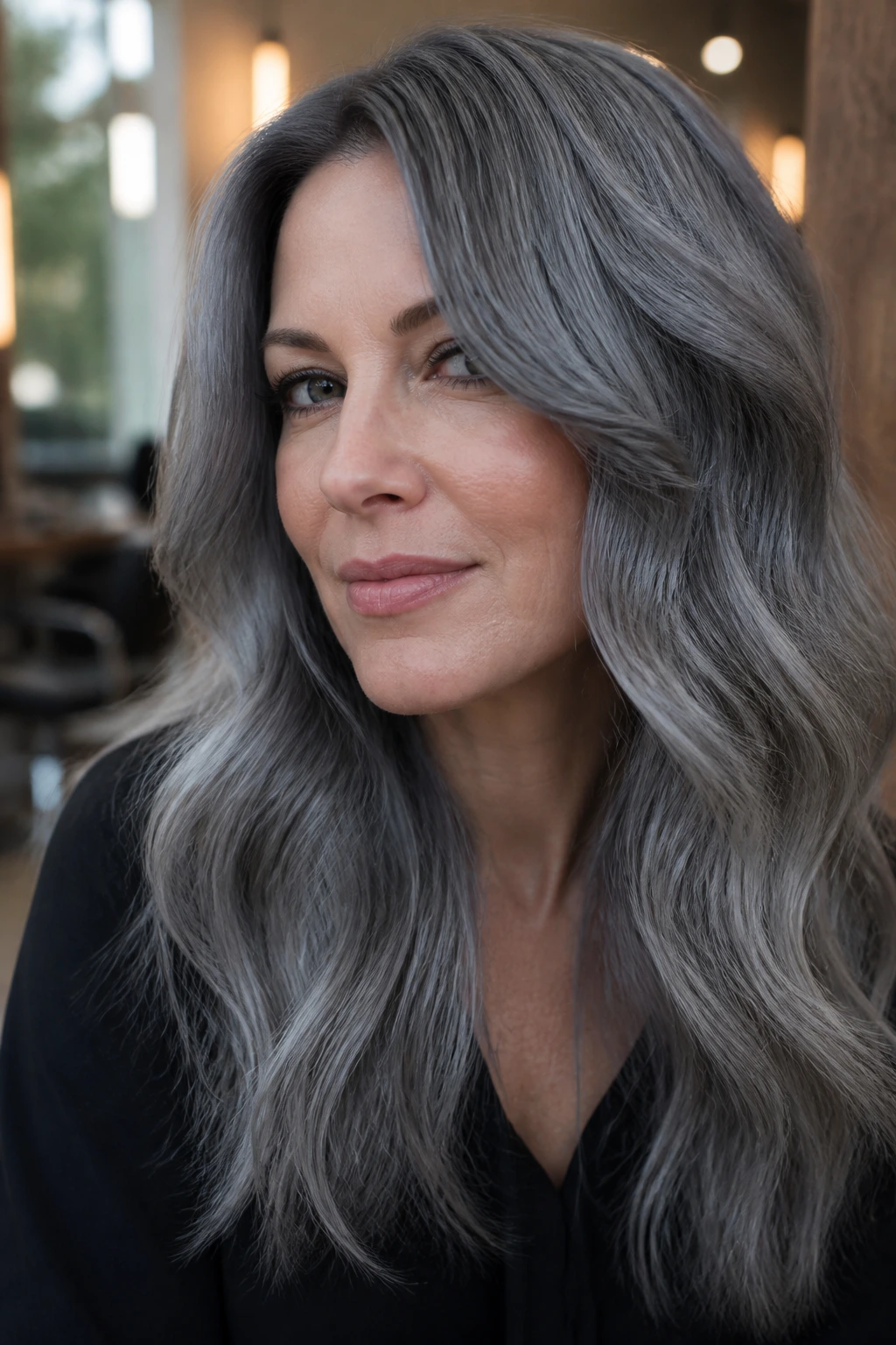 Close-up of a real woman with Silver Slate hair in a salon with moody blue-gray tones.