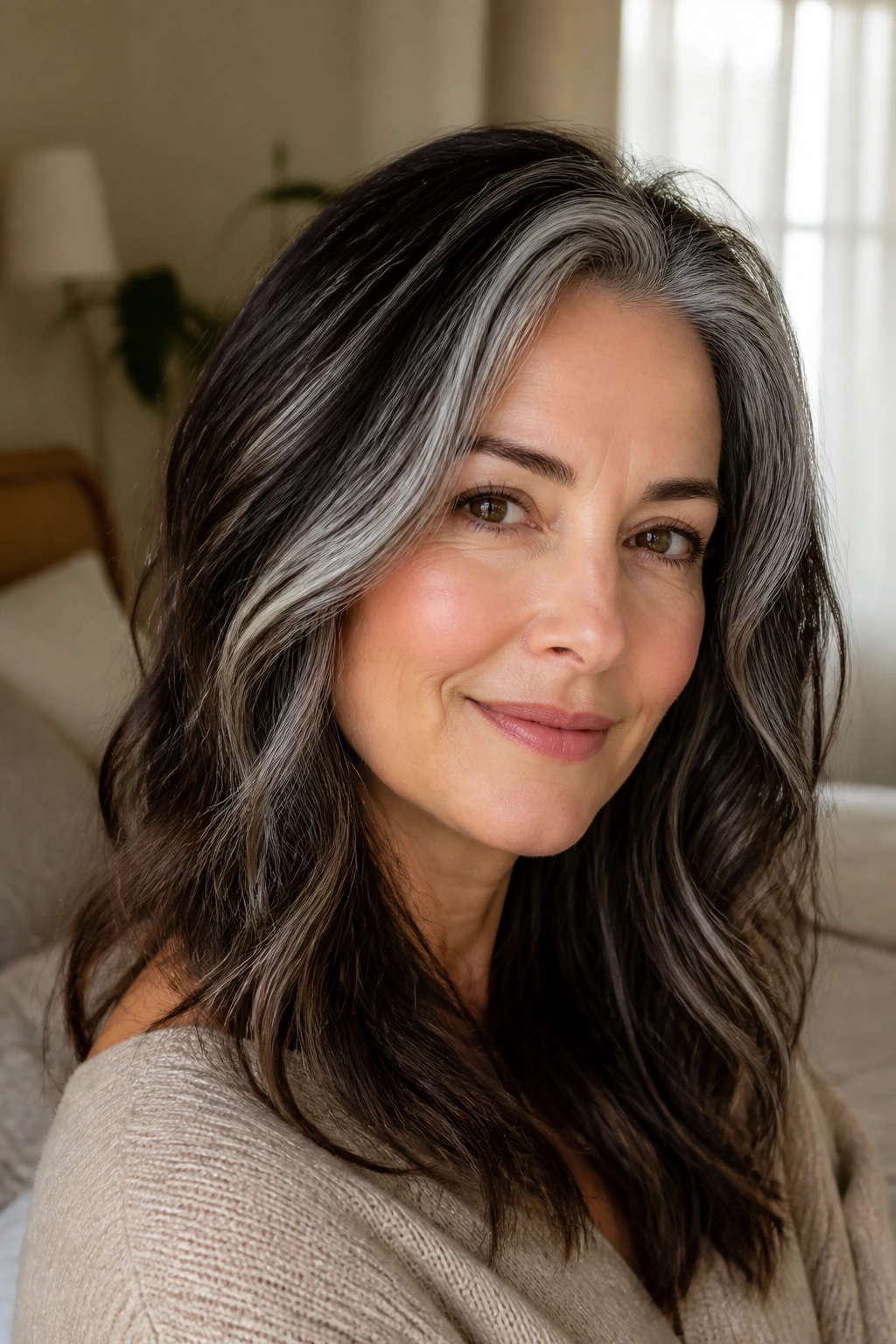 Close-up portrait of a real woman with silver-streaked brunette hair lowlights