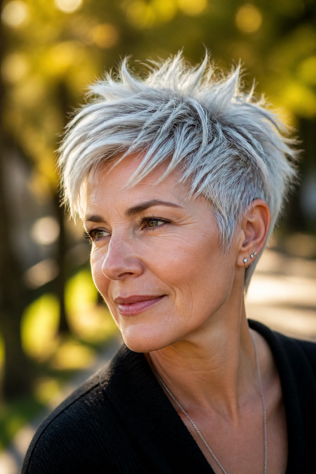 Portrait of a real person with a silver textured pixie and slightly messy styling in natural light.