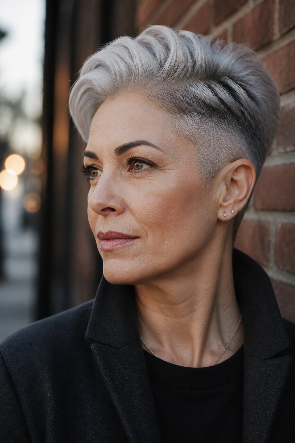 Close-up of a real person with shaved sides and silver top undercut