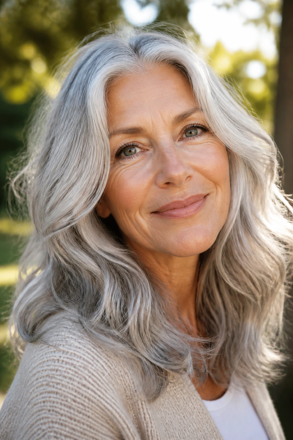 Portrait of a silver-haired woman with soft beachy waves