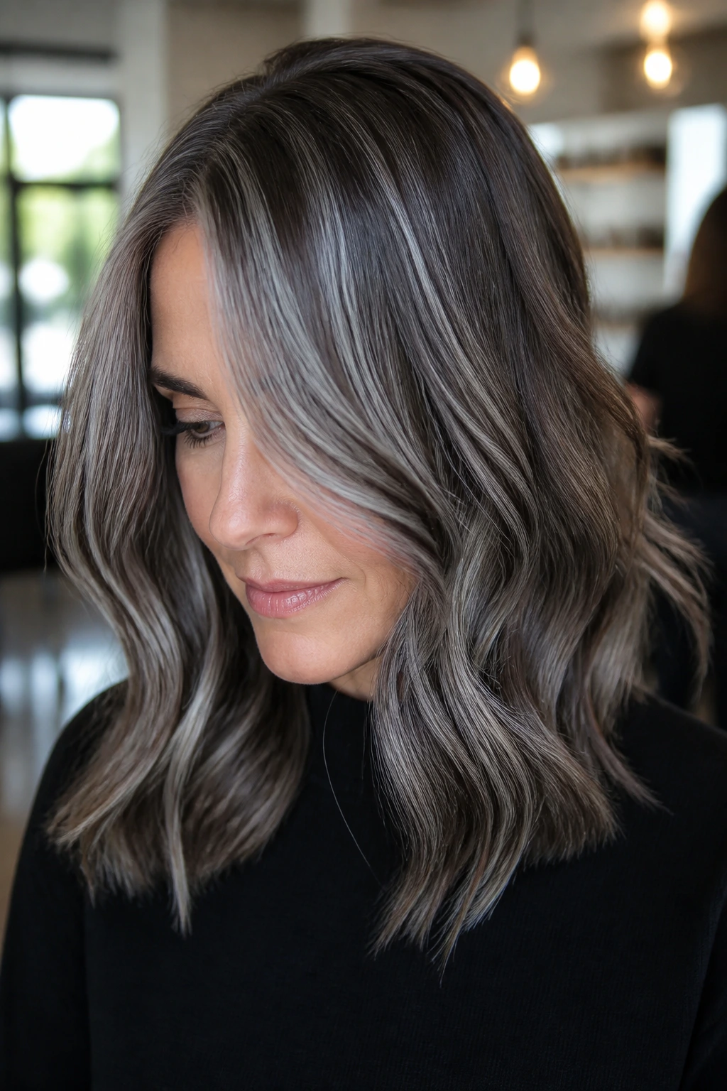 Real woman with slate-grey ribbons in hair catching light