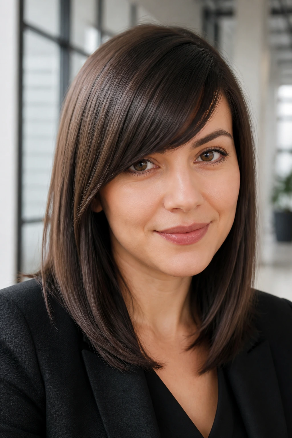 Close-up of a real woman with sleek, glossy side-swept bangs in a modern office setting
