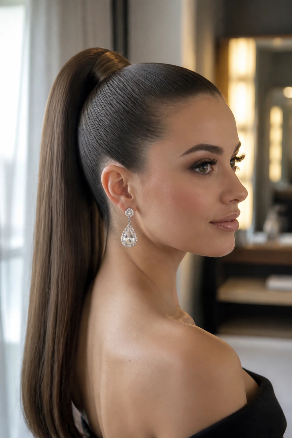 Close-up of a woman with a sleek high ponytail at the crown