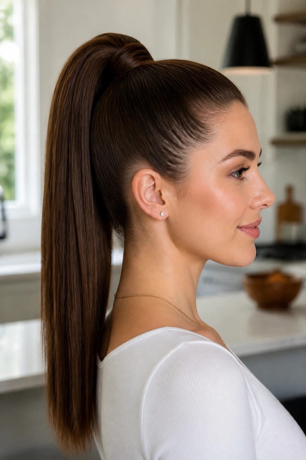 Portrait of a real woman with a sleek high ponytail showing neck and jawline