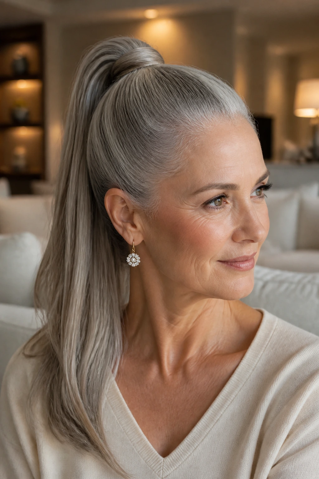 Real woman with a sleek high ponytail in warm ambient light
