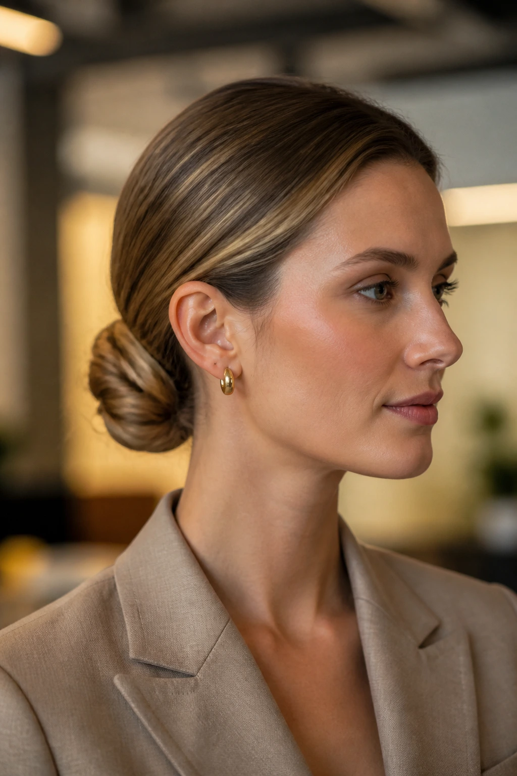 Close-up of real woman with a sleek low bun tucked at the neck