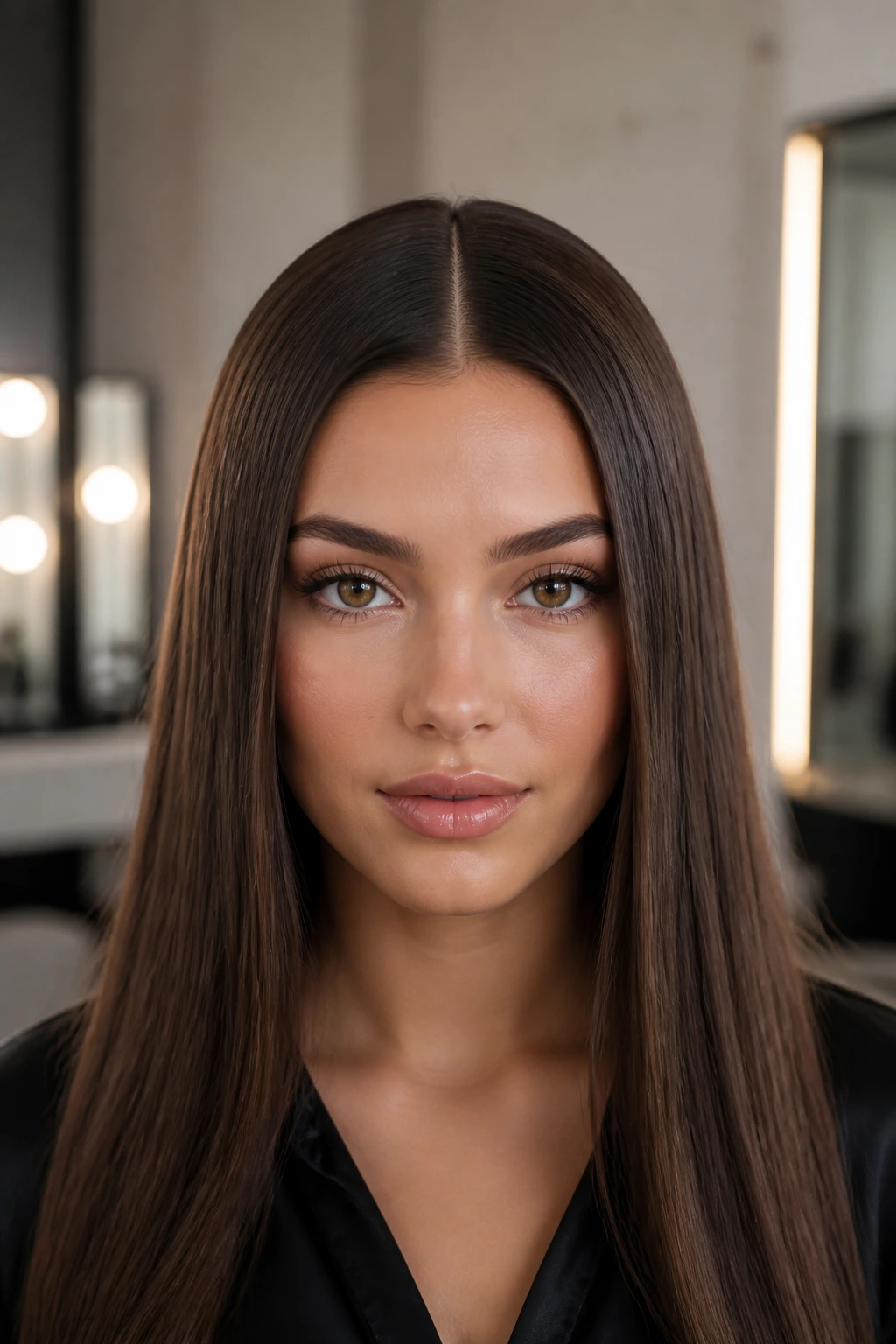 Close-up of a woman with a sleek middle part and glossy straight hair