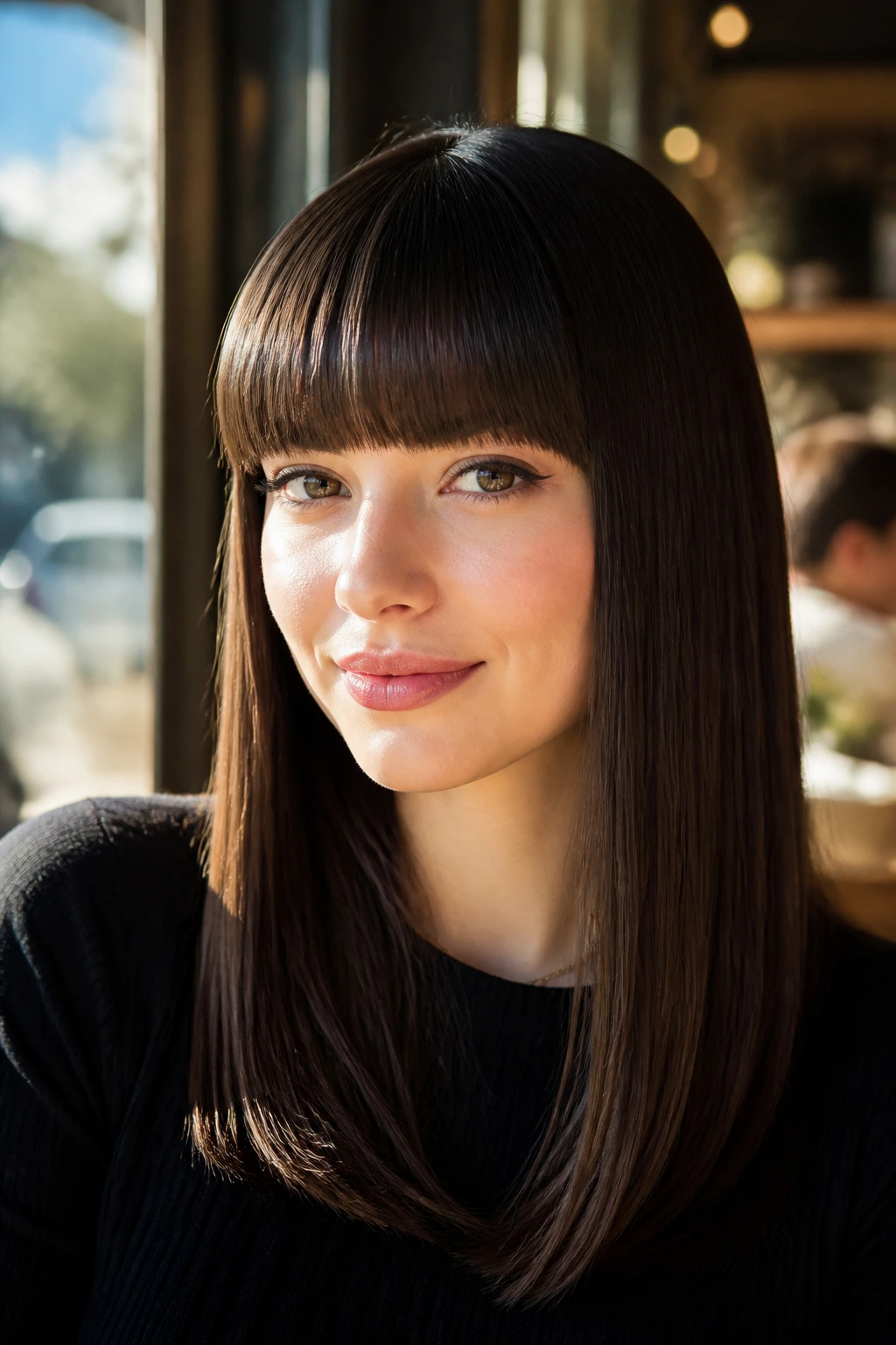 Portrait of a woman with a blunt straight fringe and sleek hair