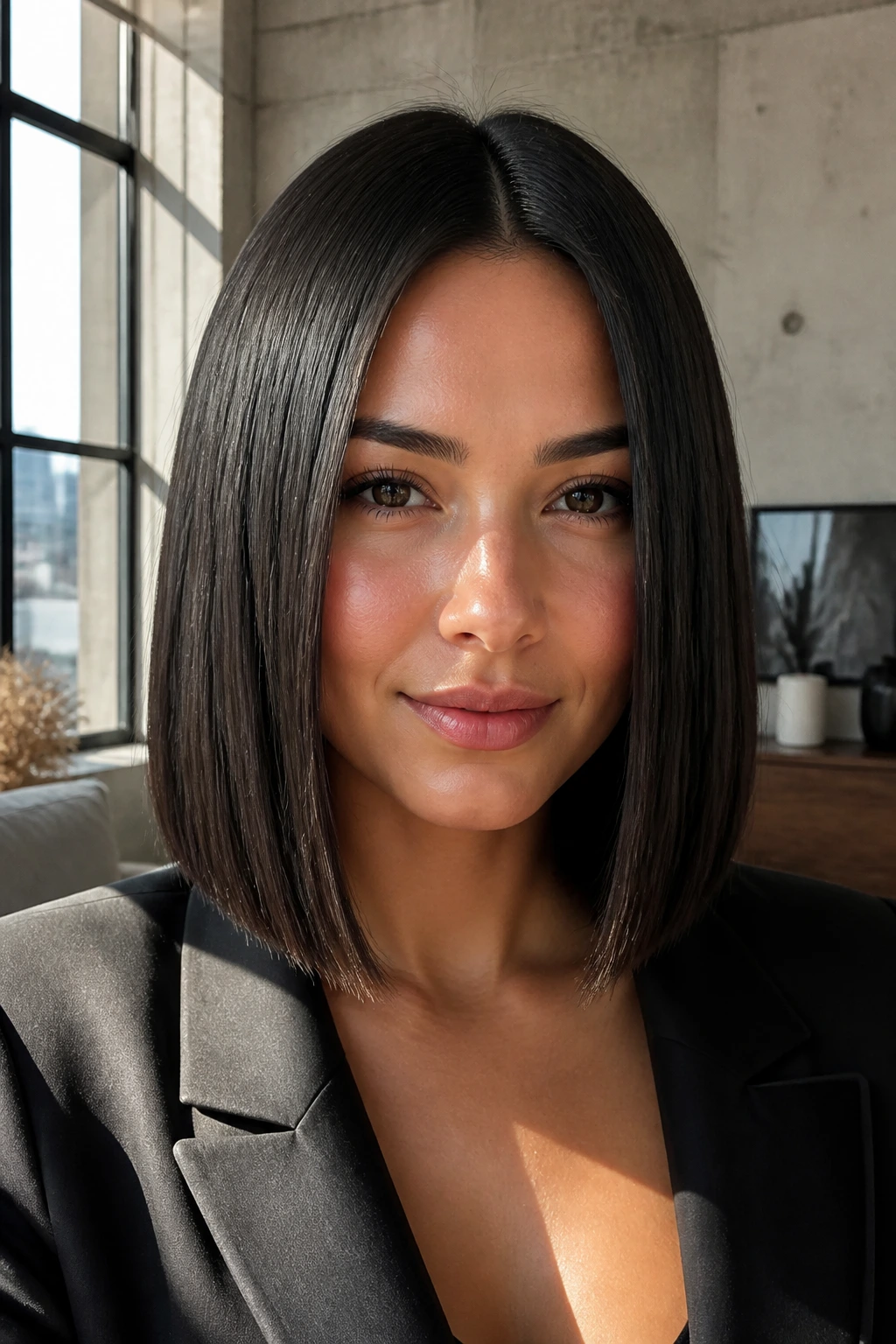 Close-up of a real woman with a blunt, straight lob and glassy finish.