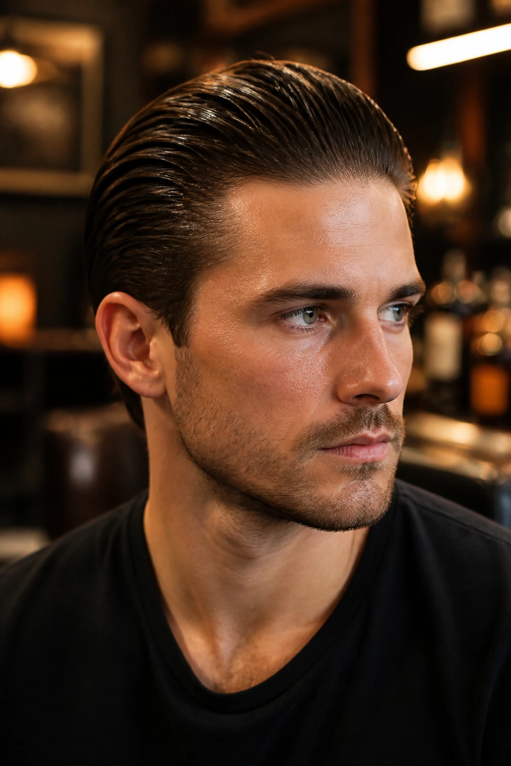 Close-up portrait of a real man with slicked-back hair in a barber shop setting