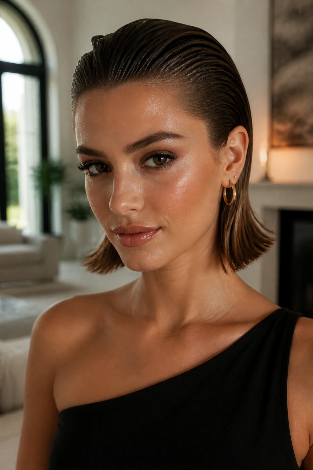 Portrait of a real person with a sleek slicked-back lob hairstyle