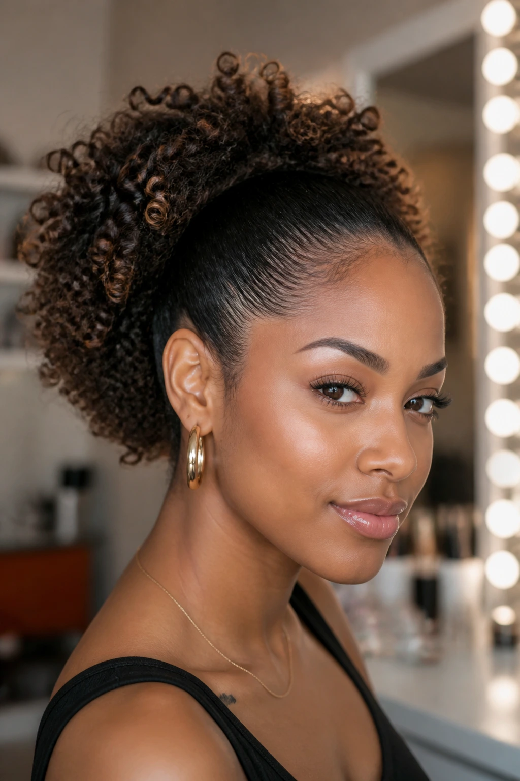 Close-up of a real woman with slicked-back puff curls