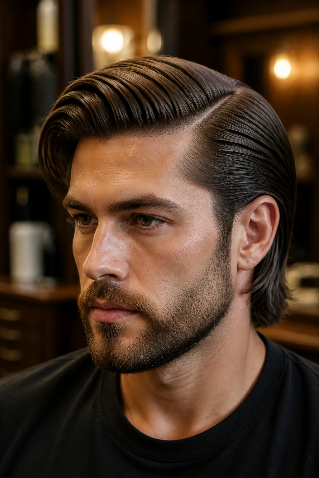 Close-up of a man with a deep side-part slicked back with pomade