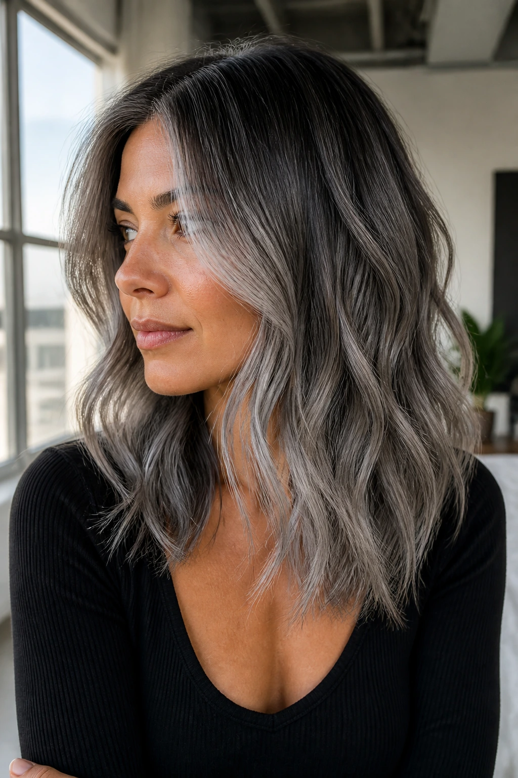 Close-up of a real person with smoky silver balayage in a stylish interior
