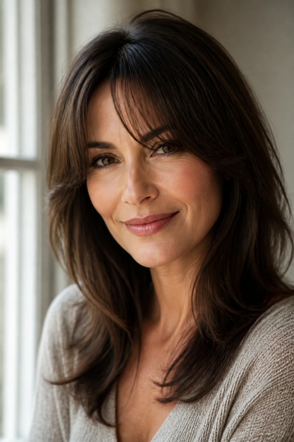 Portrait of a woman with soft, feathered curtain bangs that soften facial features