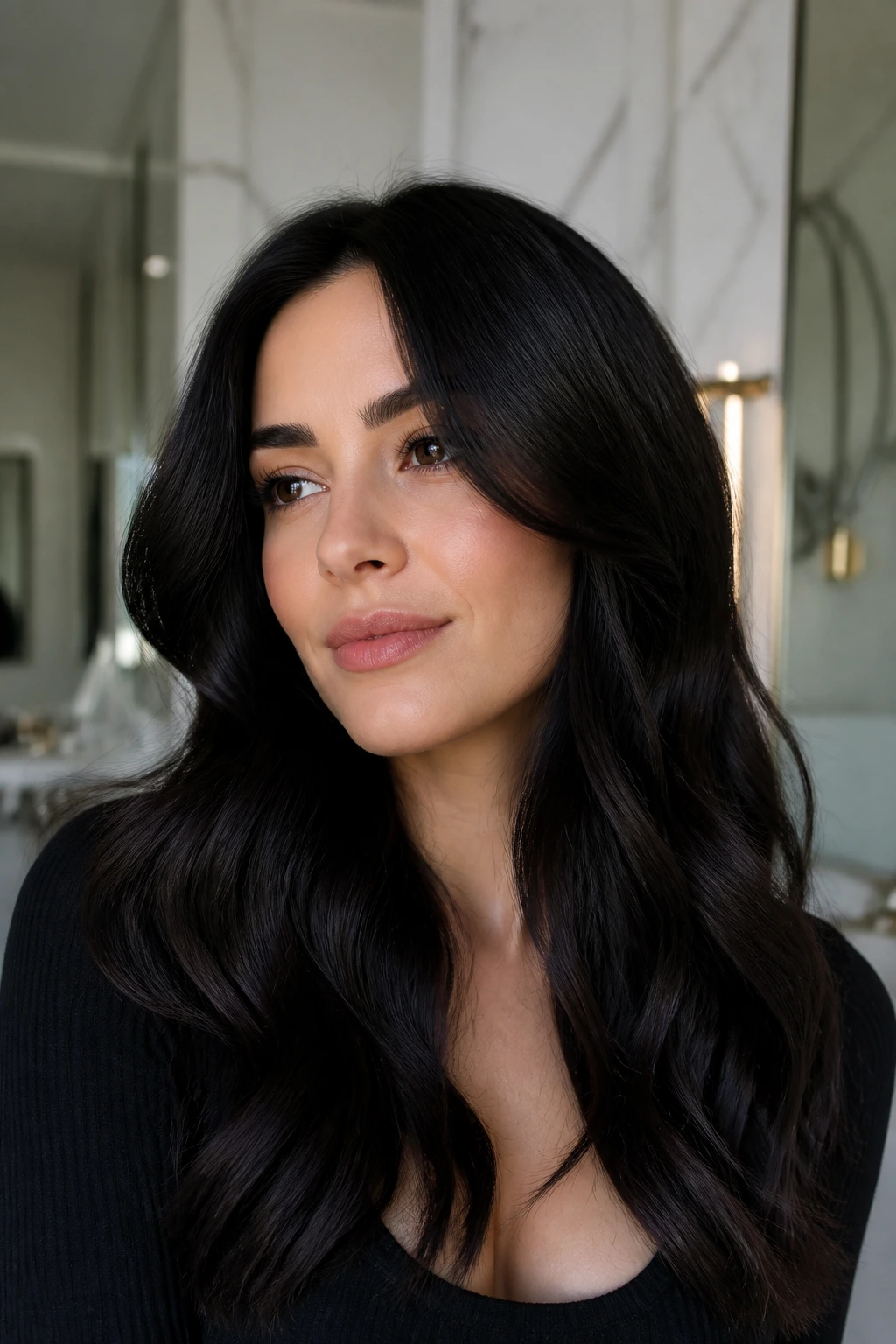 Close-up portrait of a real person with soft black velvet hair under soft light