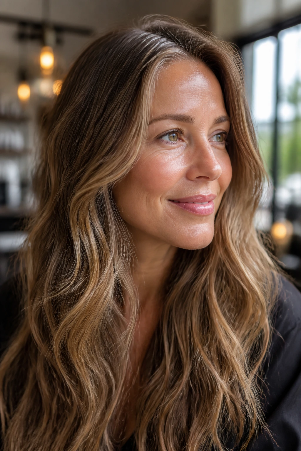 Close-up of a real woman with light brown hair and soft caramel balayage blending greys in a salon.