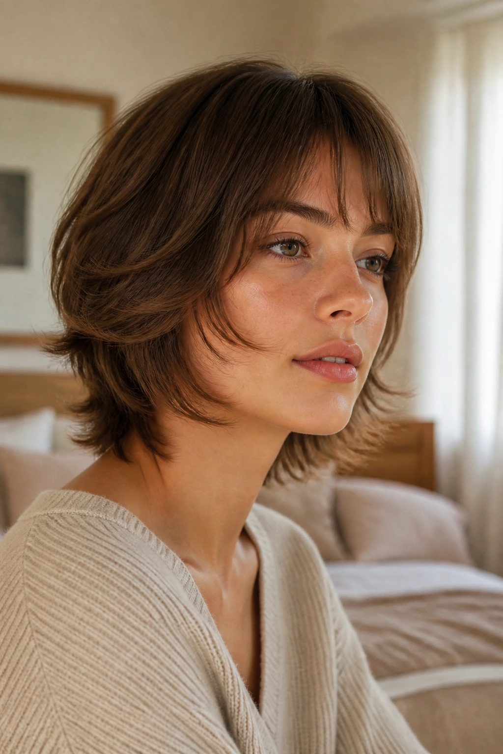 Portrait of a real person with soft feathered layers framing the face