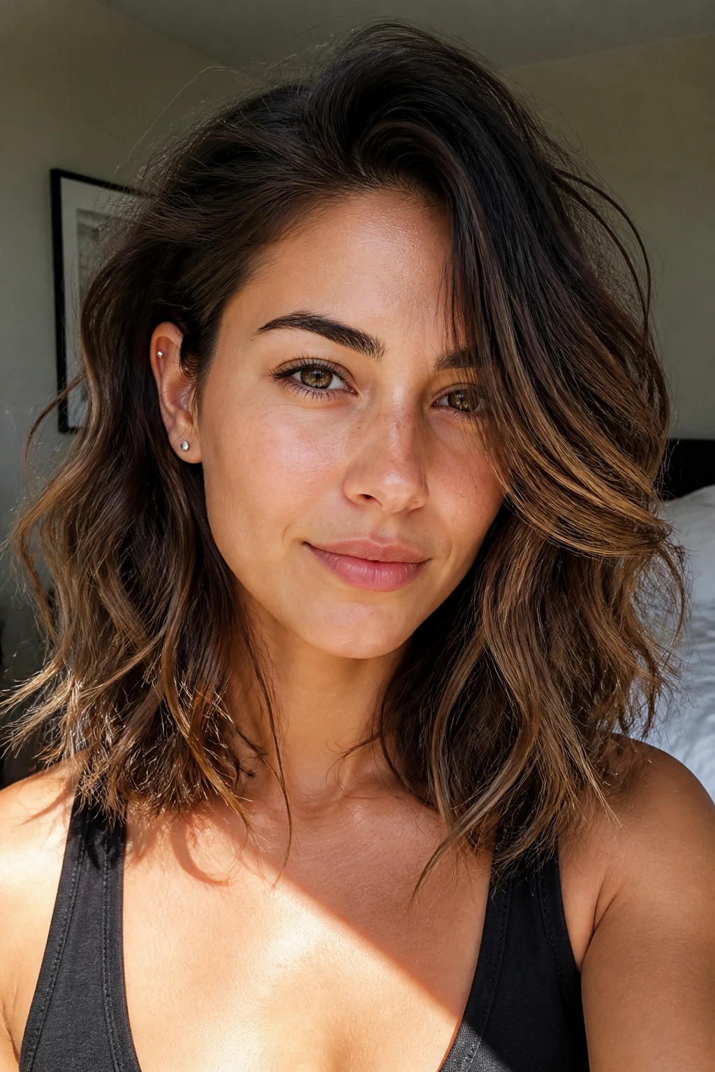Portrait of a real woman with soft layered waves and hidden undercut in a bright bedroom setting