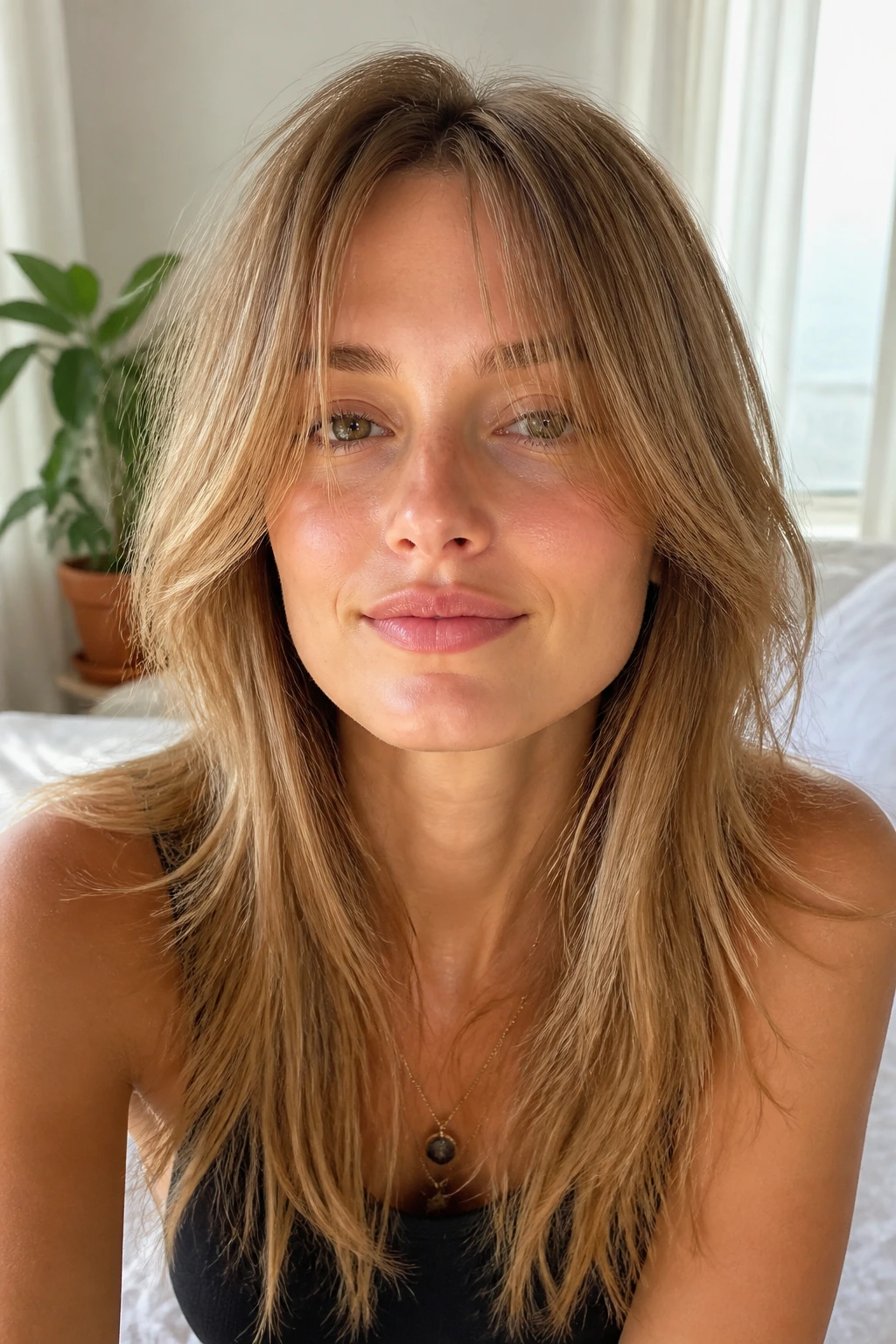 Close-up of a real person with soft layered hair creating fullness on fine strands