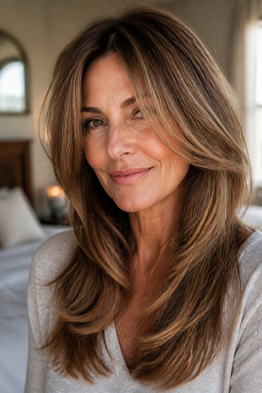 Close-up of a real woman with soft long layers at collarbone length, natural window light.