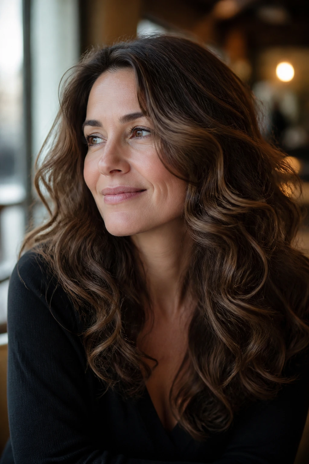 Woman with soft perm curls in natural light