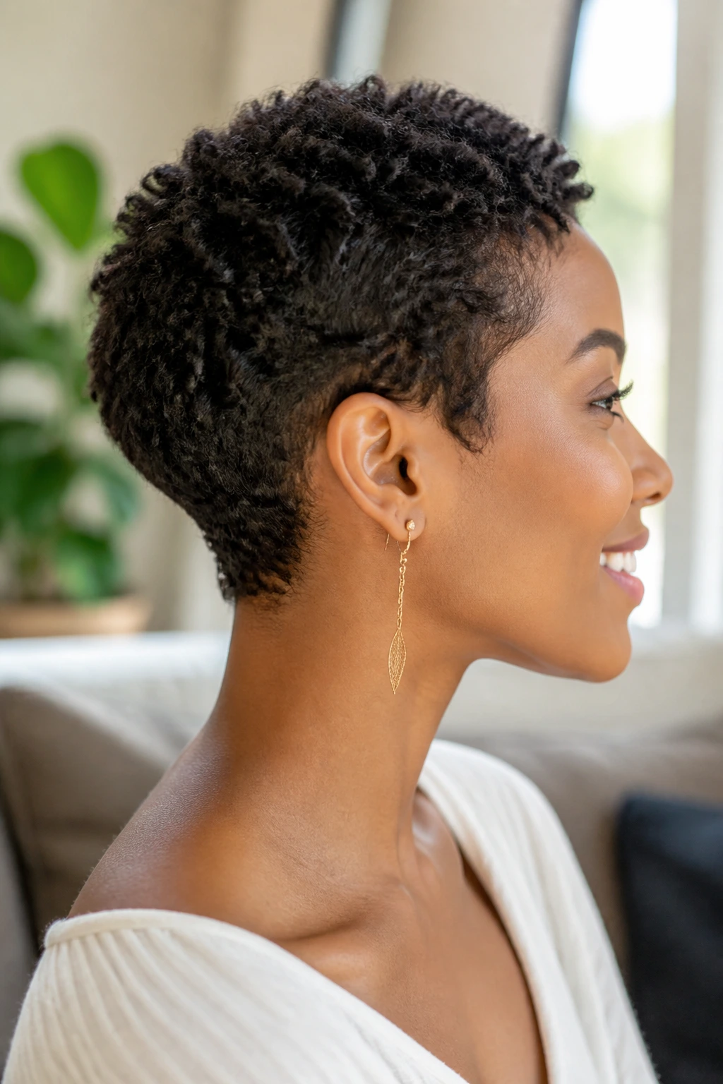 Close-up of a person with soft pixie and tapered neck portrait