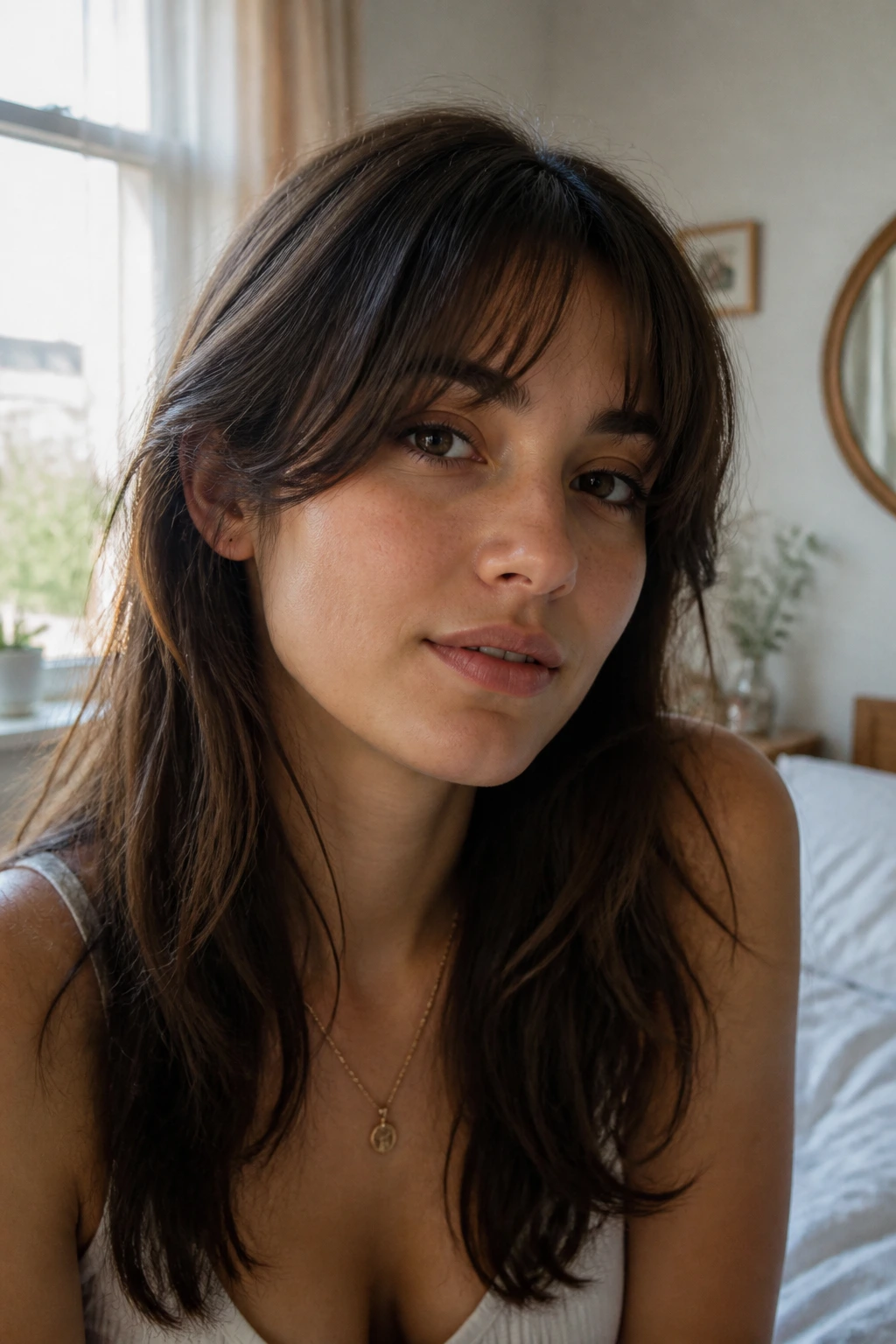 Close-up of soft tapered bangs blending into face-framing layers
