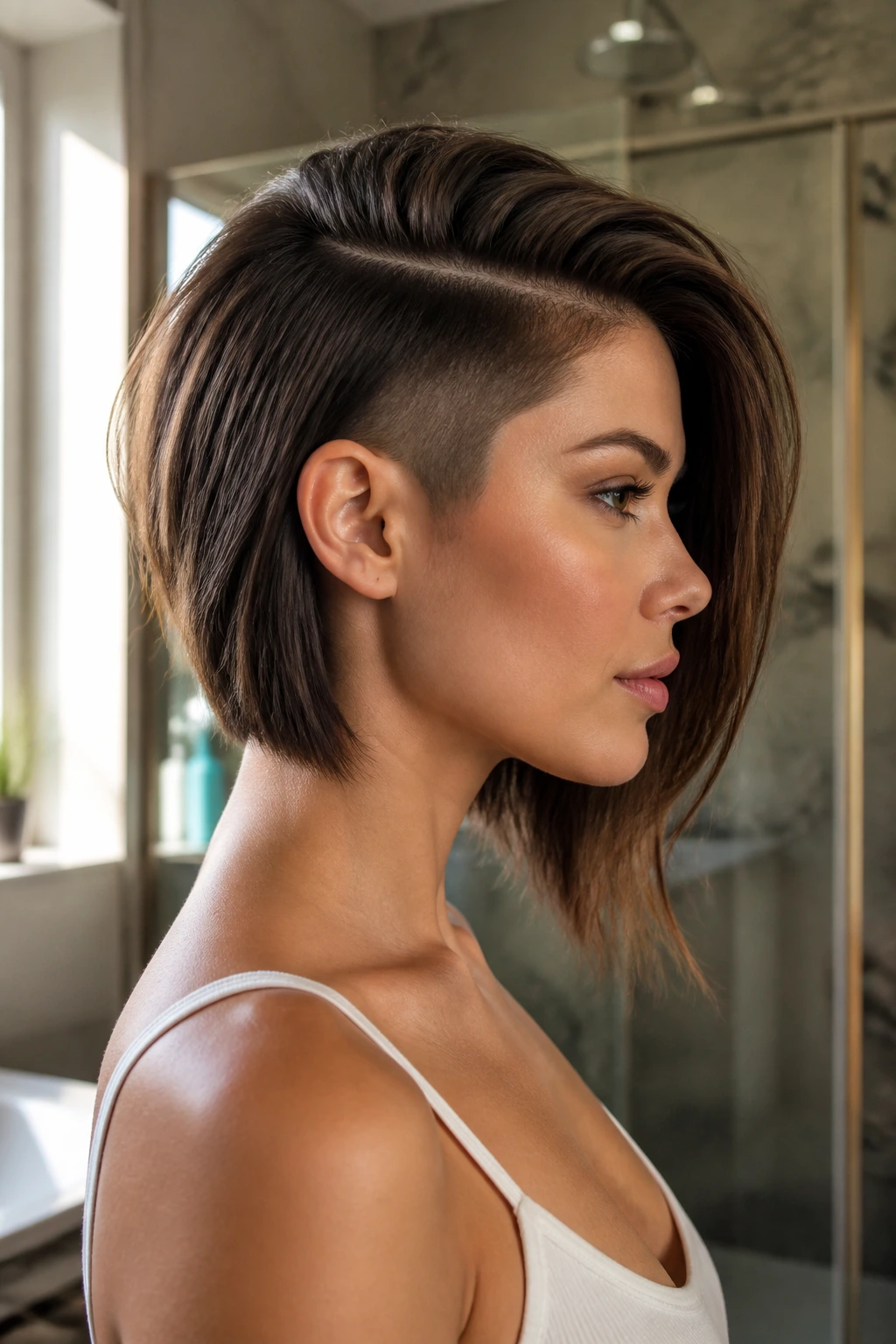 Side-profile view of real person with a subtle undercut at bang base