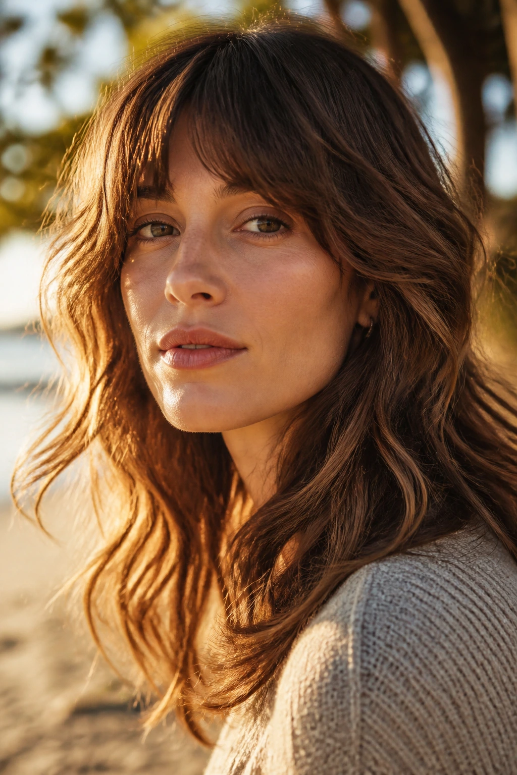 Portrait of a woman with soft wave shag in golden hour light.