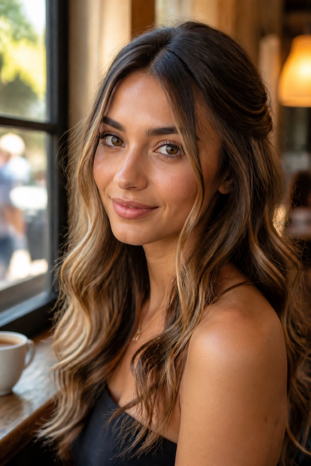 Close-up of a woman with soft waves and face framing strands