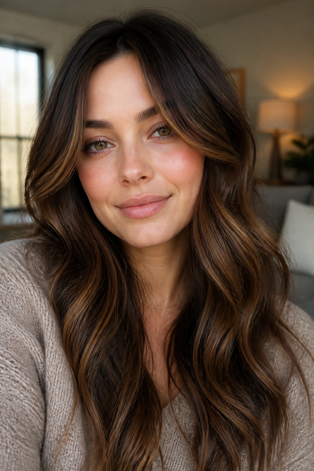 Soft waves with face-framing pieces close-up portrait