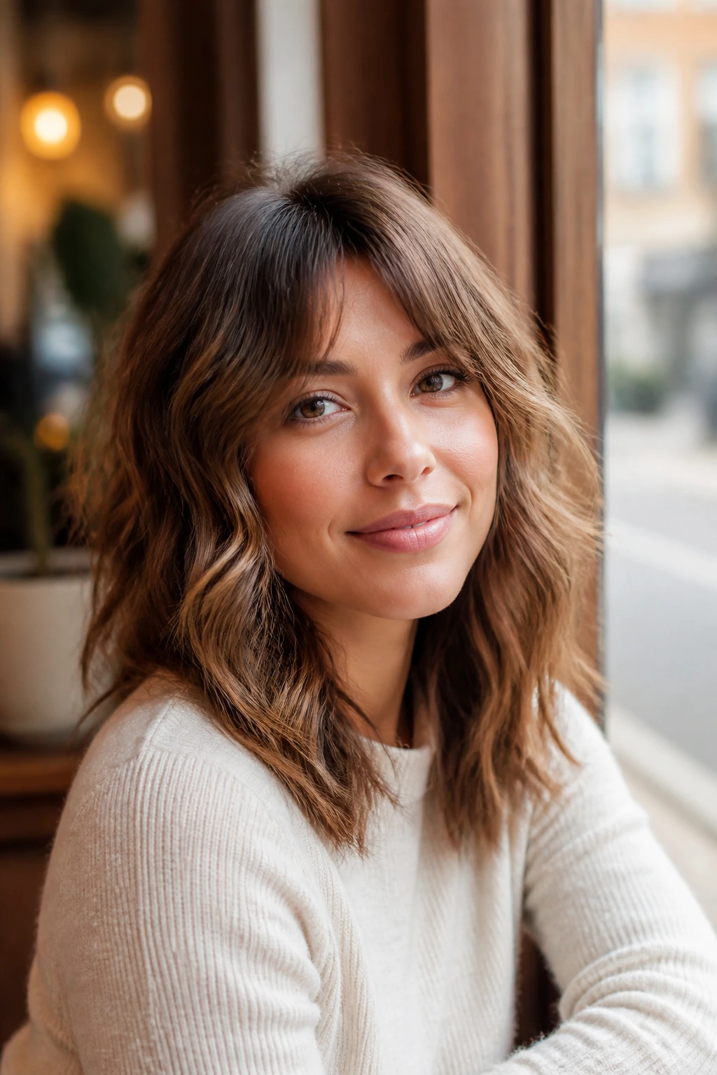 Close-up portrait of a real woman with Soft Waves Shag, loose waves for romantic texture in cafe light.
