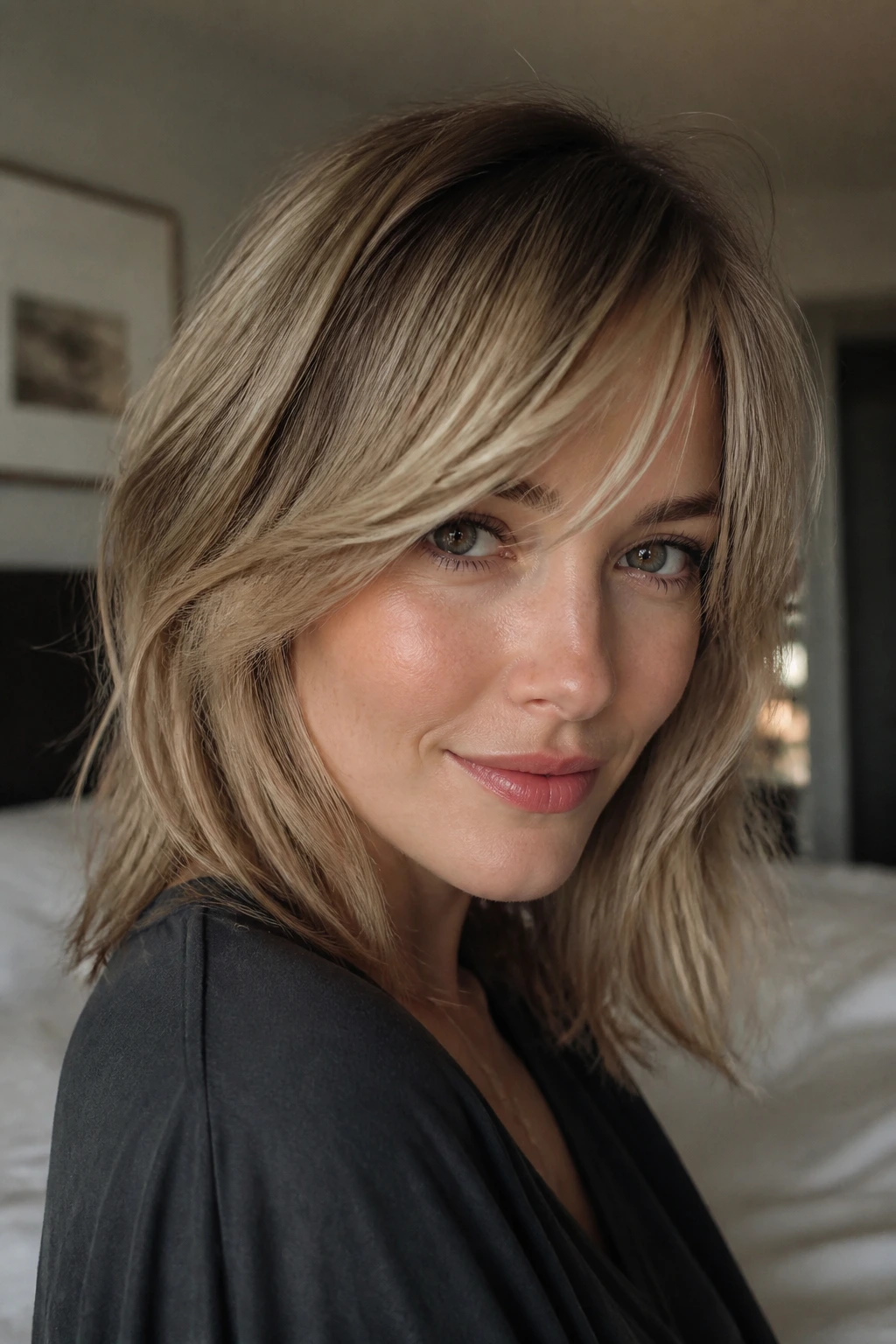 Close-up of a real woman with soft wispy layers bangs, medium-length hair, natural window light