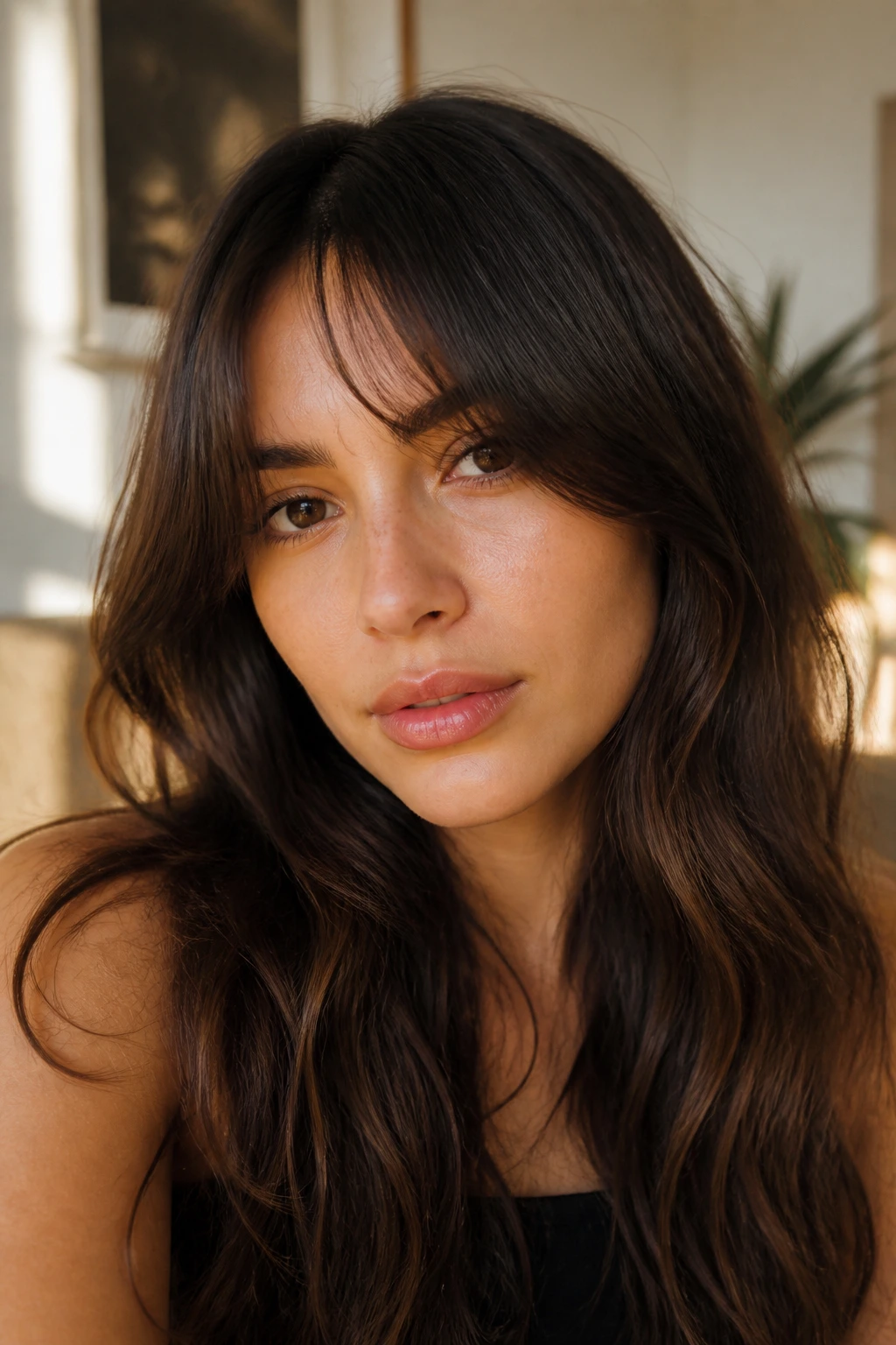 Close-up of a real woman with softened square angle curtain bangs