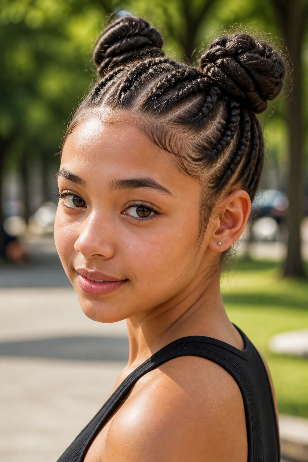 Teen girl with two braided space buns in park setting.