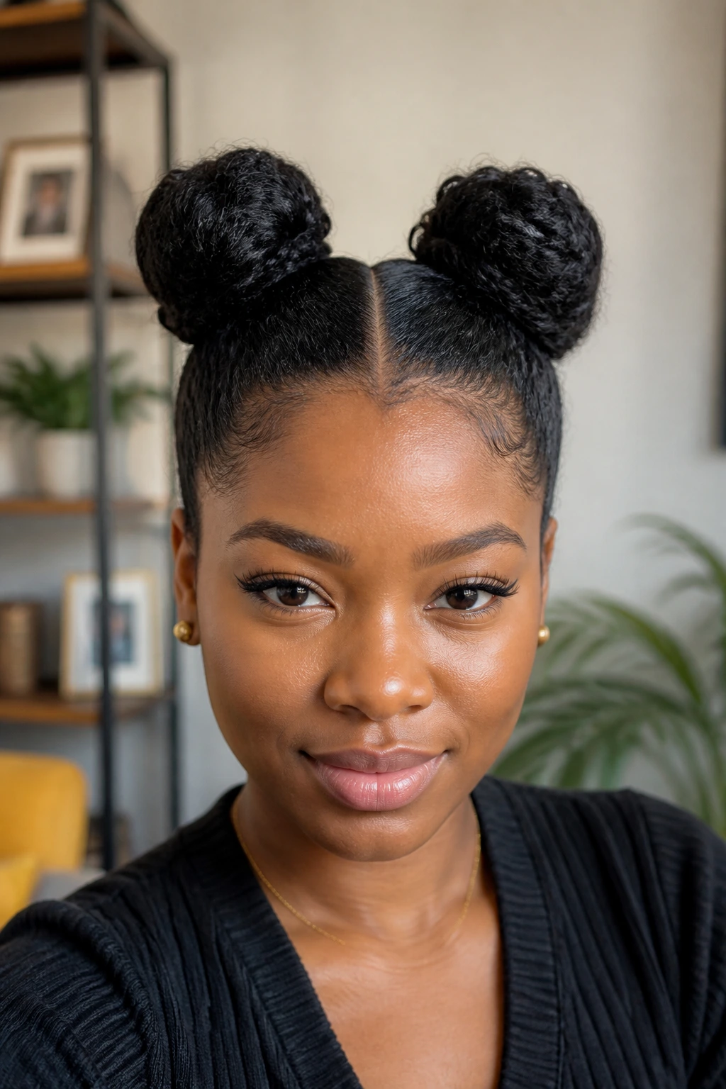 Close-up of space buns on a real person with sleek ends tucked