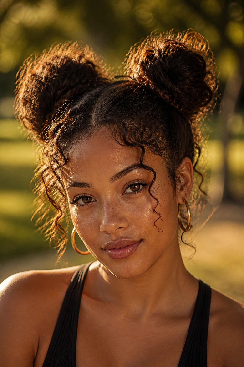 Close-up of a real woman with Space Buns with Loose Ends hairstyle