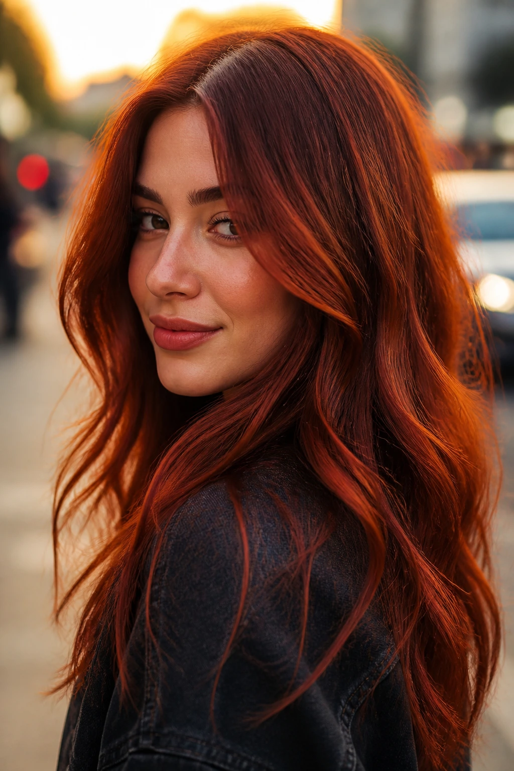 Close-up of a woman with spicy paprika brunette hair in golden hour light