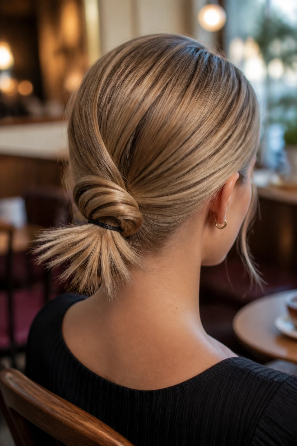 Rear profile of a real woman with a folded loop tuck and outward-spiked ends.