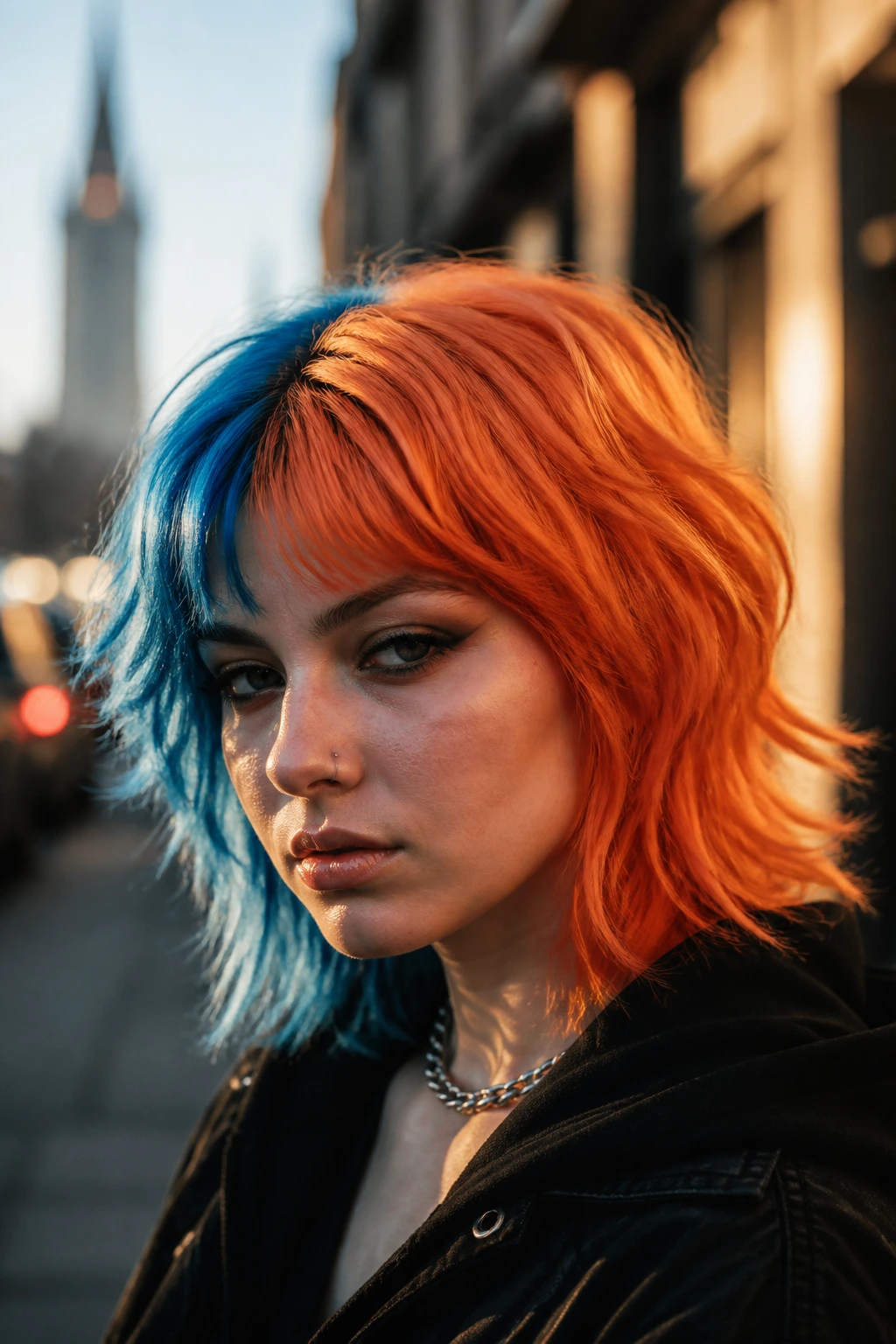Real person with split-dye hairstyle in two colors, center part