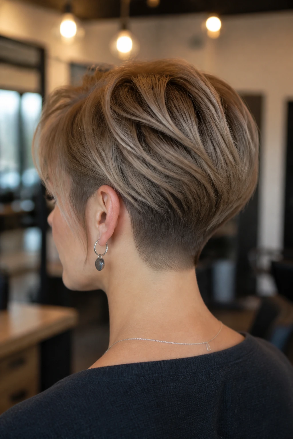 Close-up portrait of a real person showing stacked wedge haircut with short back undercut