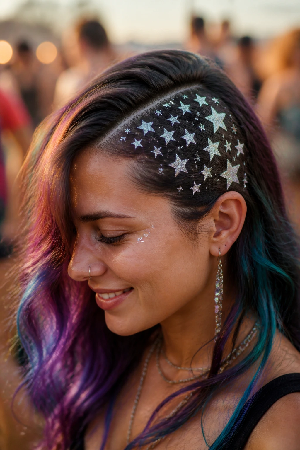 Close-up of real woman's hair with white star stencil on hair section at festival