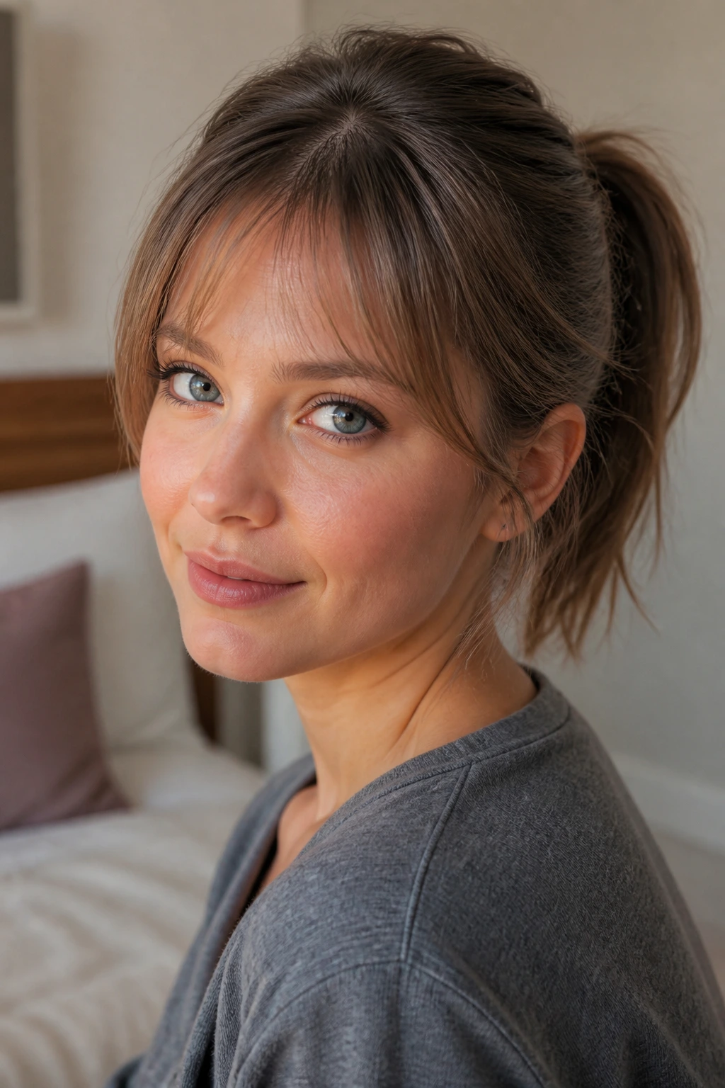 Close-up portrait of a real woman with subtle starter bangs framing her face while hair is in a ponytail.