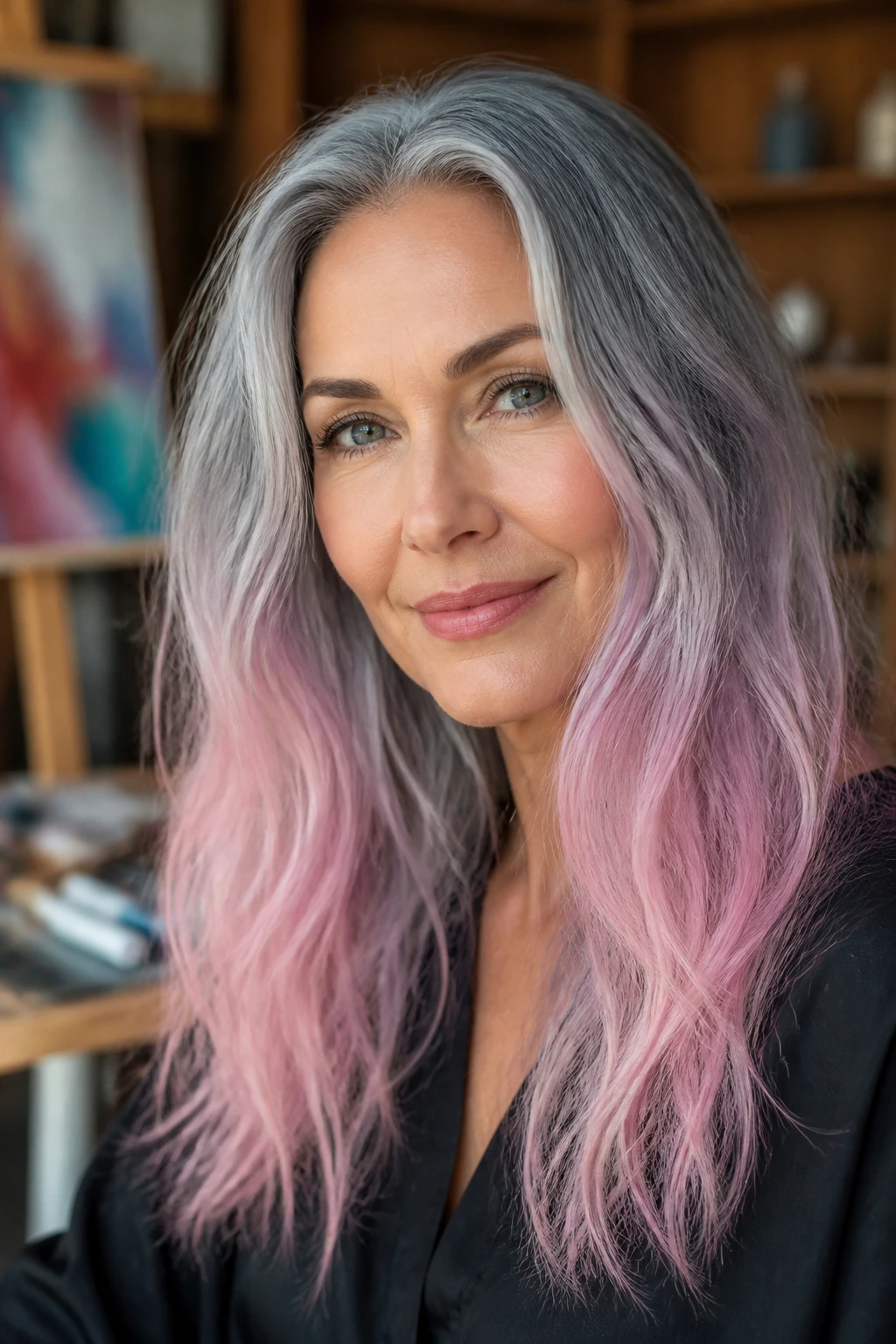 Close-up of sterling silver roots fading into pastel ends on a real person