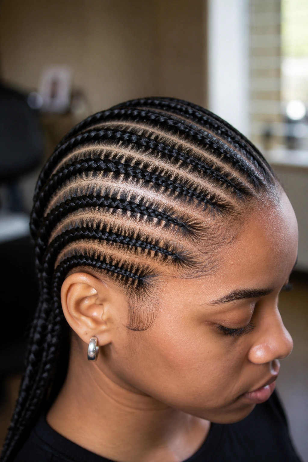 Close-up portrait of a real person with stitch cornrows flat to the scalp