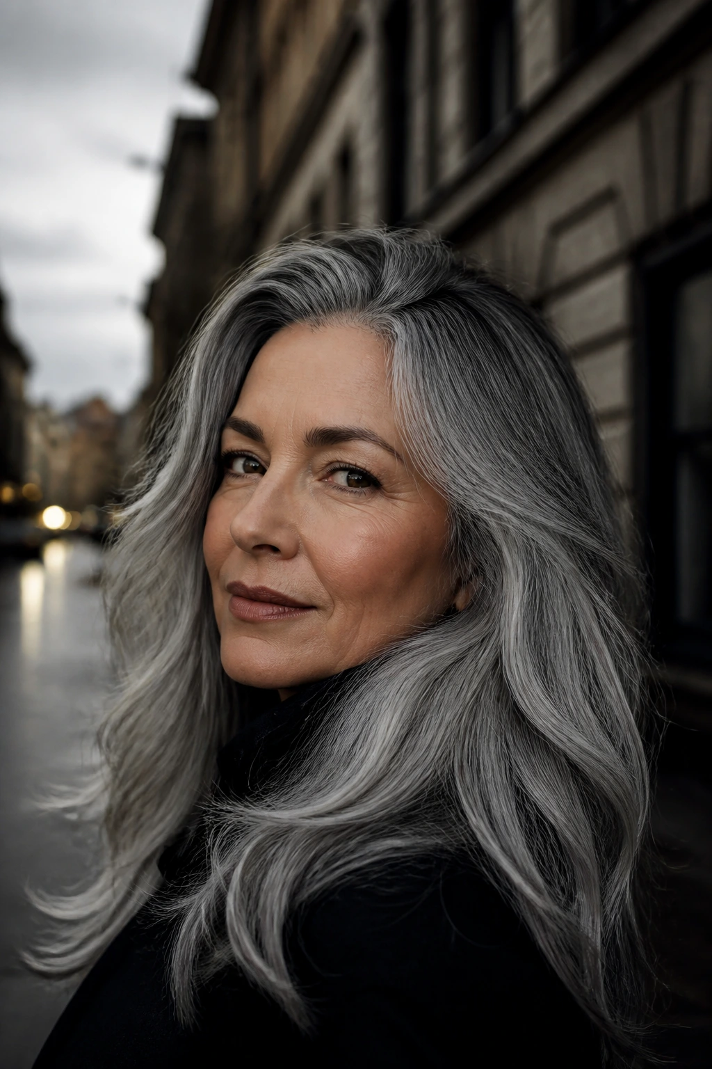 Portrait of a person with stormy gray-to-silver hair melt in moody outdoor light.